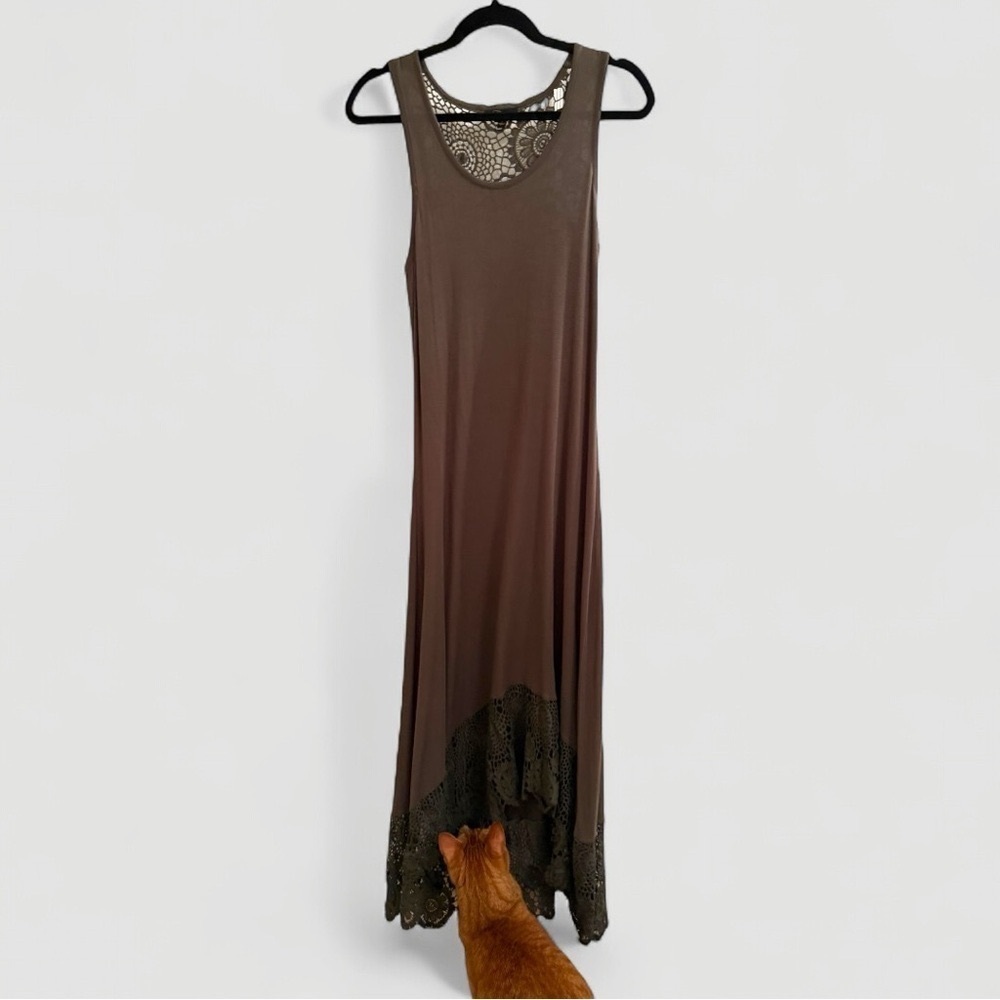 Cupio Olive Green Crochet Midi Dress | High-Low Hem | Size Small